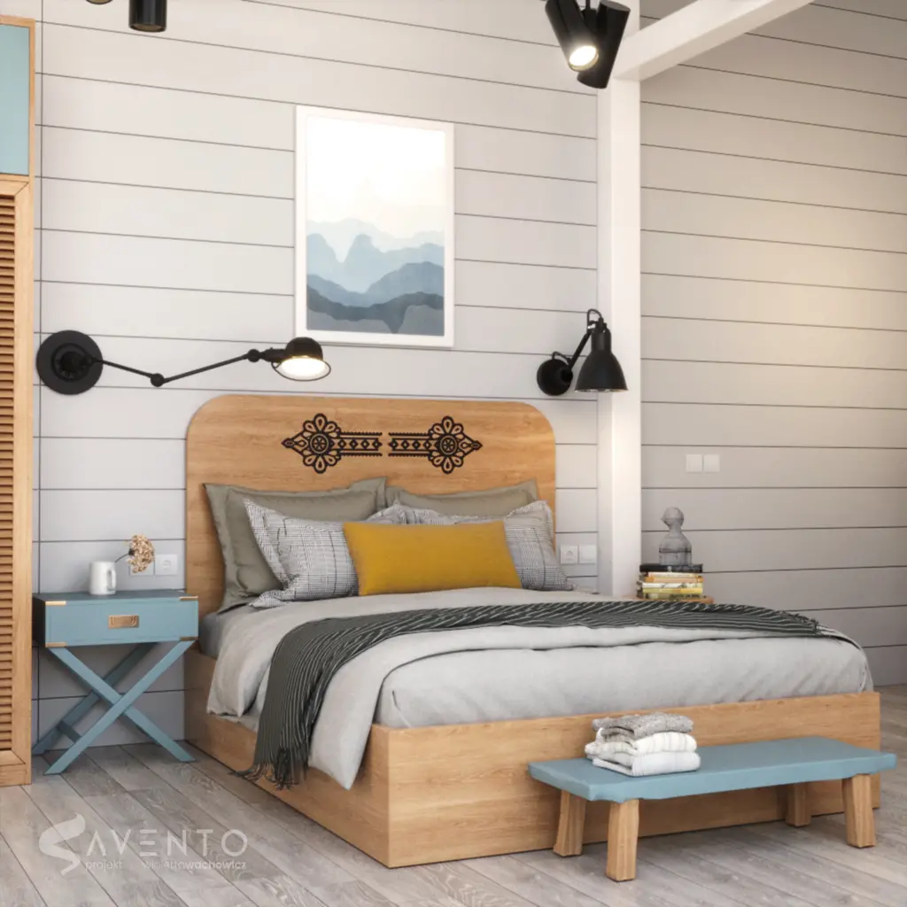 Łóżko w części sypialnianej projektu nowoczesnej stodoły. Projekt Savento