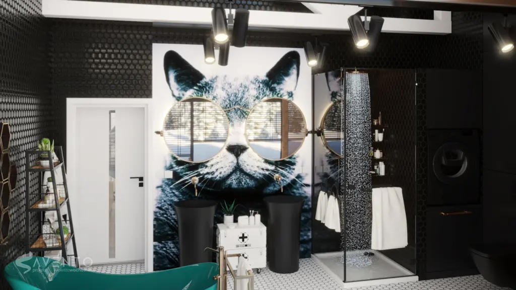 Zabudowa łazienki z ozdobna tapeta kota który zamiast oczu ma lustra. Czarna kolorystyka armatury połączona z zieloną wanną wolnostojącą. Projekt Savento