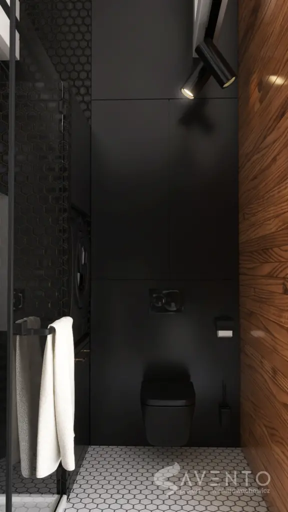 Czarna toaleta na czarnej ścianie połączona z jasną podłoga i drewnopodobna ścianą. Projekt Savento