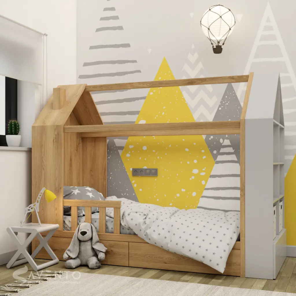 Łóżko dla dziecka w formie domku z szufladami i półkami na zabawki. Projekt Savento