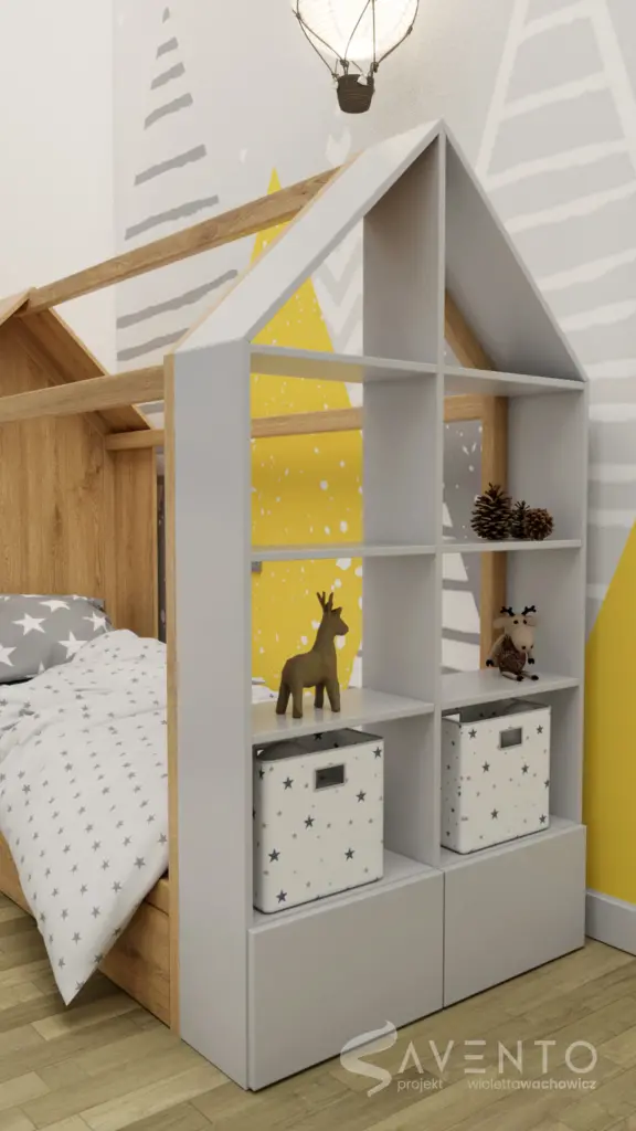 Łóżko dla dziecka w formie domku z szufladami i półkami na zabawki. Projekt Savento