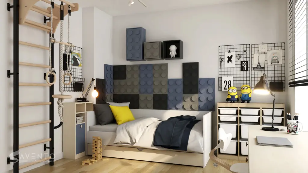 Projekt łóżka z szufladą na drugi materac i tapicerką w formie klocków lego. Projekt Savento