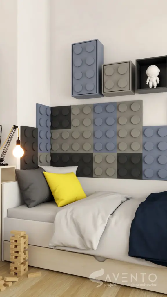 Projekt łóżka z szufladą na drugi materac i tapicerką w formie klocków lego. Projekt Savento