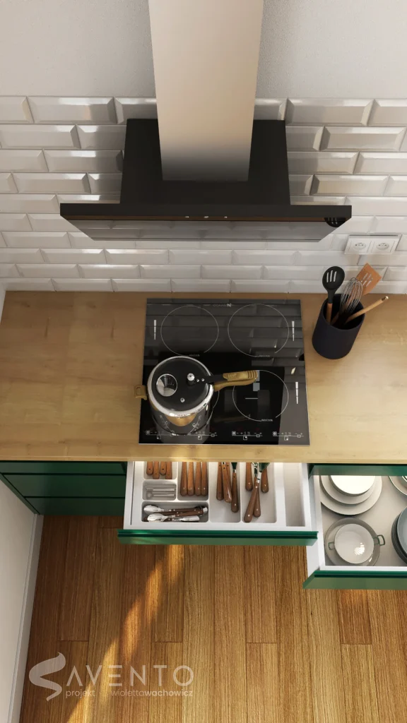 Ciąg kuchenny z dużą ilością szuflad to podstawa przyjemnego gotowania. Projekt Savento