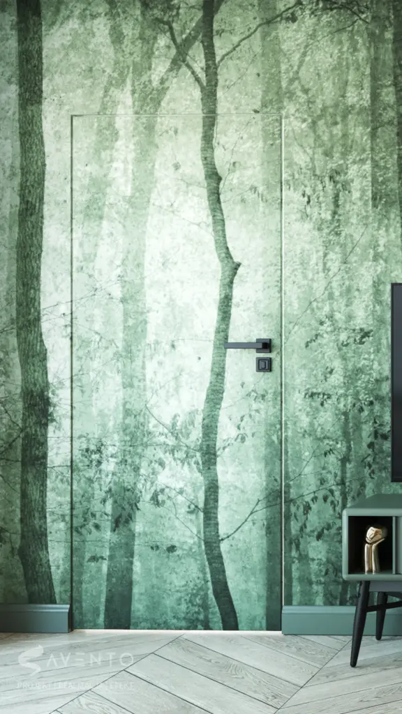 Drzwi wpuszczane na równo ze ściana pokryte tapeta dopasowana do całej ściany. Projekt Savento