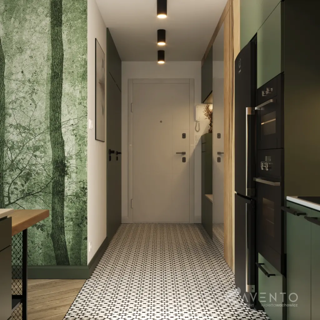 Korytarz z szafą przy wejściu, prowadzący do kuchni, dopasowany kolorystycznie do reszty pomieszczeń. Projekt Savento