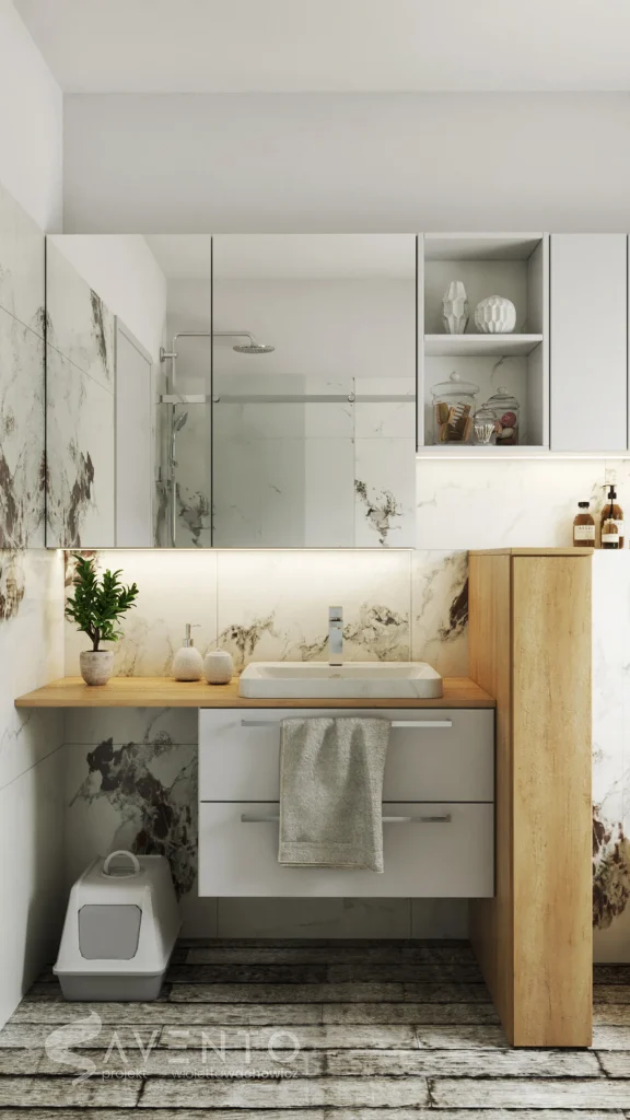 Zabudowa łazienki z szafka w lustrze nad umywalką. Szafka z szufladami jako oddzielenie umywalki i geberitu. Projekt Savento