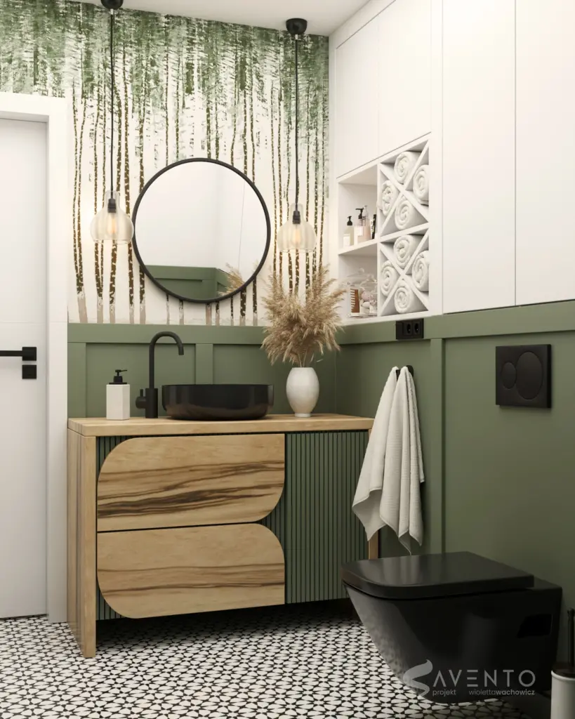 Zabudowa łazienki z szafka umywalkową i panelami na ścianie. Projekt Savento