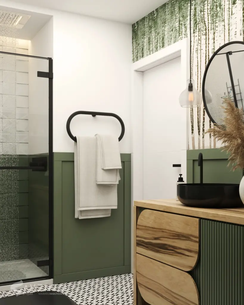 Boazeria w stylu angielskim z paneli mdf przechodząca w płytki pod prysznicem. Projekt Savento