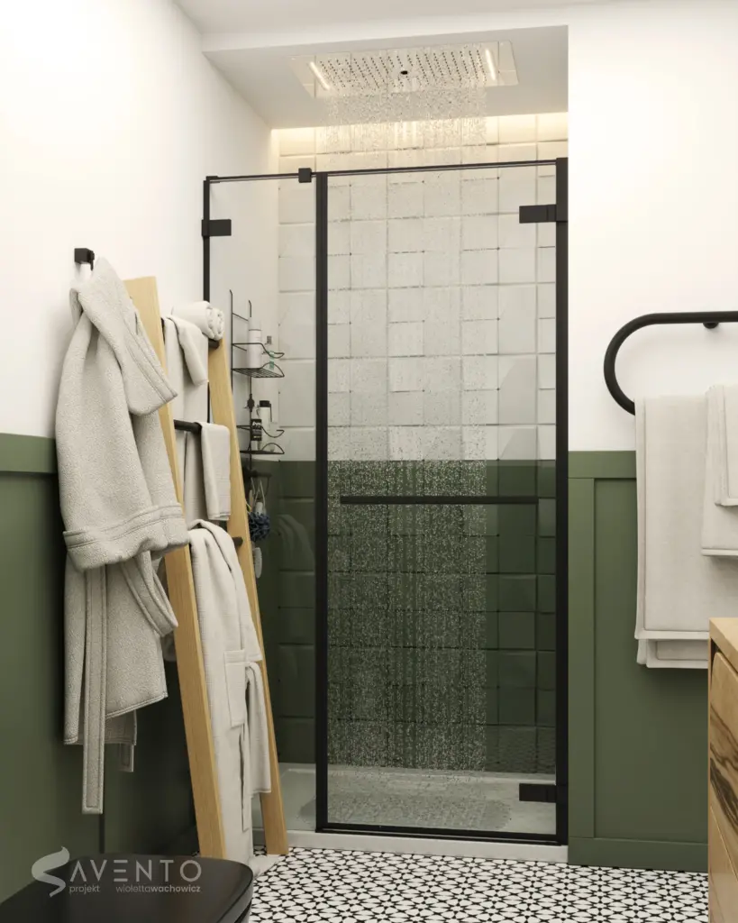 Boazeria w stylu angielskim z paneli mdf przechodząca w płytki pod prysznicem. Projekt Savento