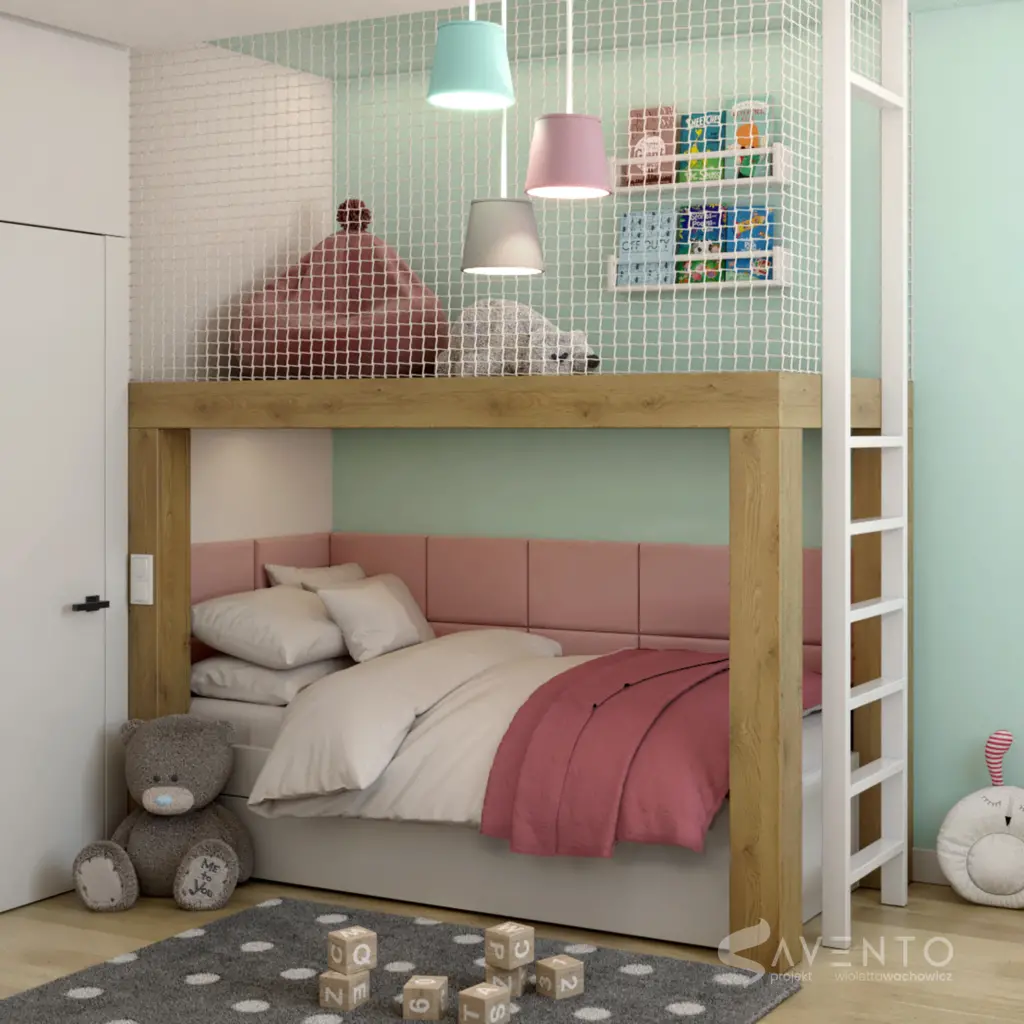 Antresola z łóżkiem w pokoju dziecka. Całość wykonana z płyty meblowej EGGER H1334 Dąb Sorano oraz EGGER W1000 Biały premium. Projekt i wykonanie Savento