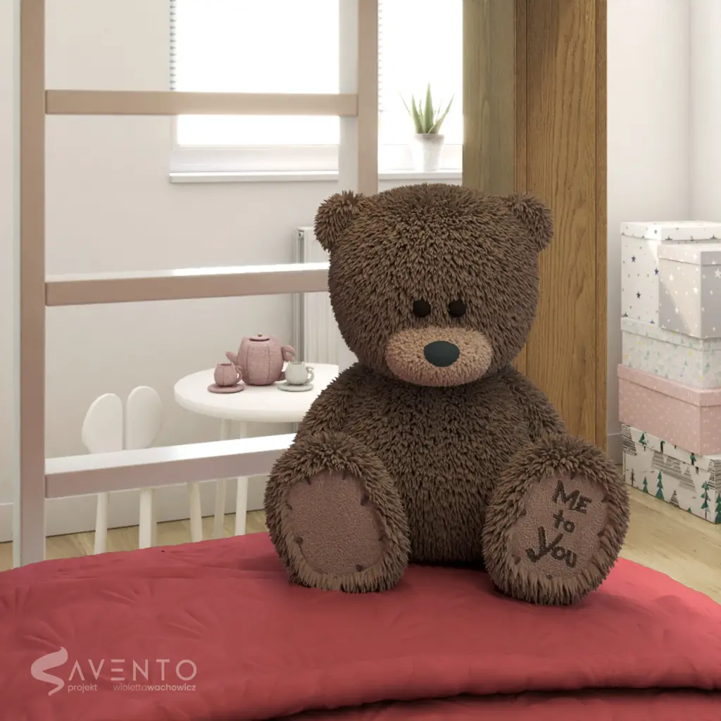 Maskotka niedźwiadka na materacu w zabudowie antresoli. Projekt Savento