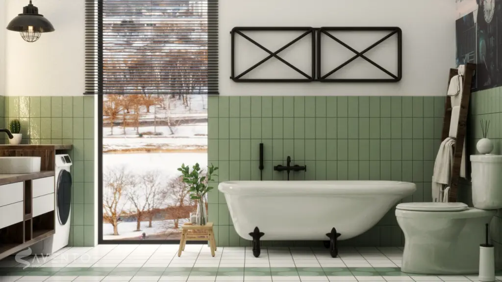Projekt łazienki w studiu z antresolą. Elementy drewniane z orzecha, fronty z białego mdf w lakierze półmat. Projekt Savento