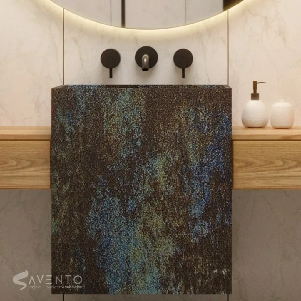 Prostokątna umywalka w kolorze zardzewiałego metalu. Projekt Savento
