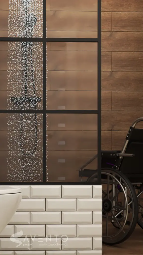 Prysznic z możliwością wjazdu wózka dla niepełnosprawnych. Projekt Savento