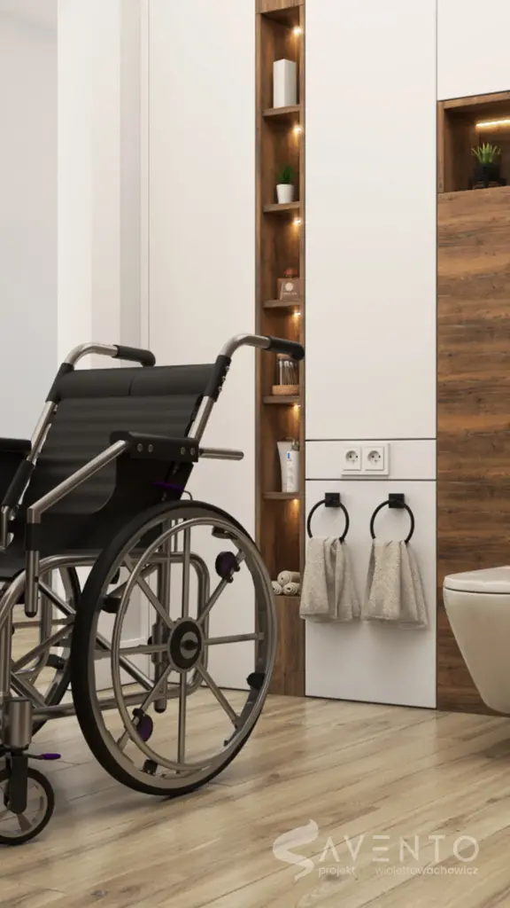 Łazienka dla osoby na wózku dla niepełnosprawnych. Projekt Savento