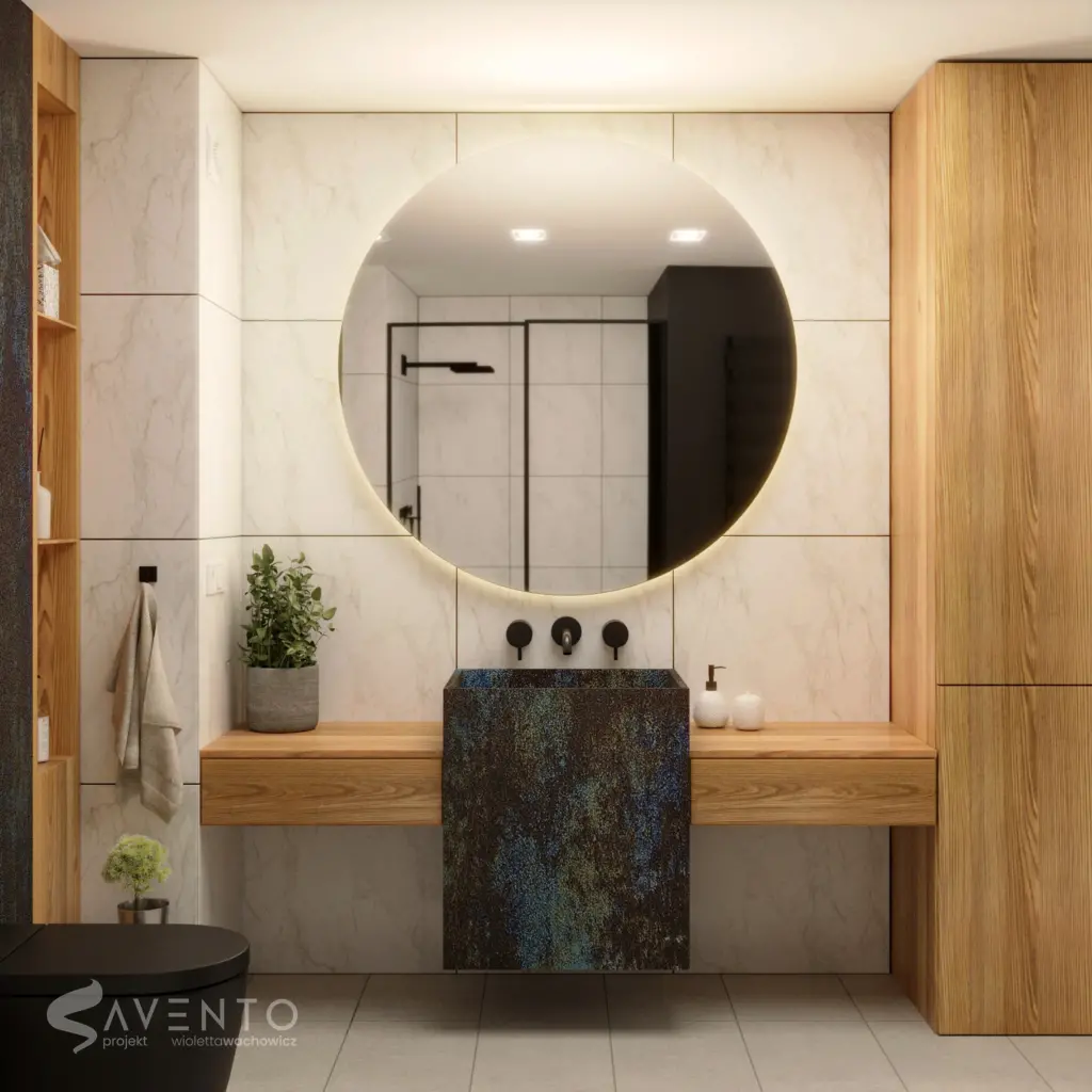Łazienka w fornirze z prostokątna umywalka w kolorze zardzewiałego metalu. Projekt Savento